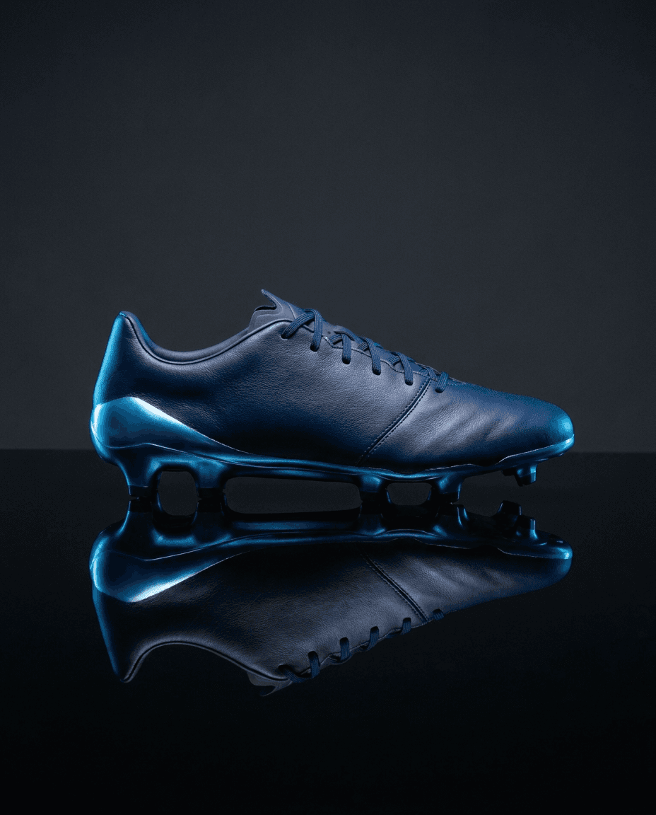 Phantom Blue boot in navy leather on a reflective surface